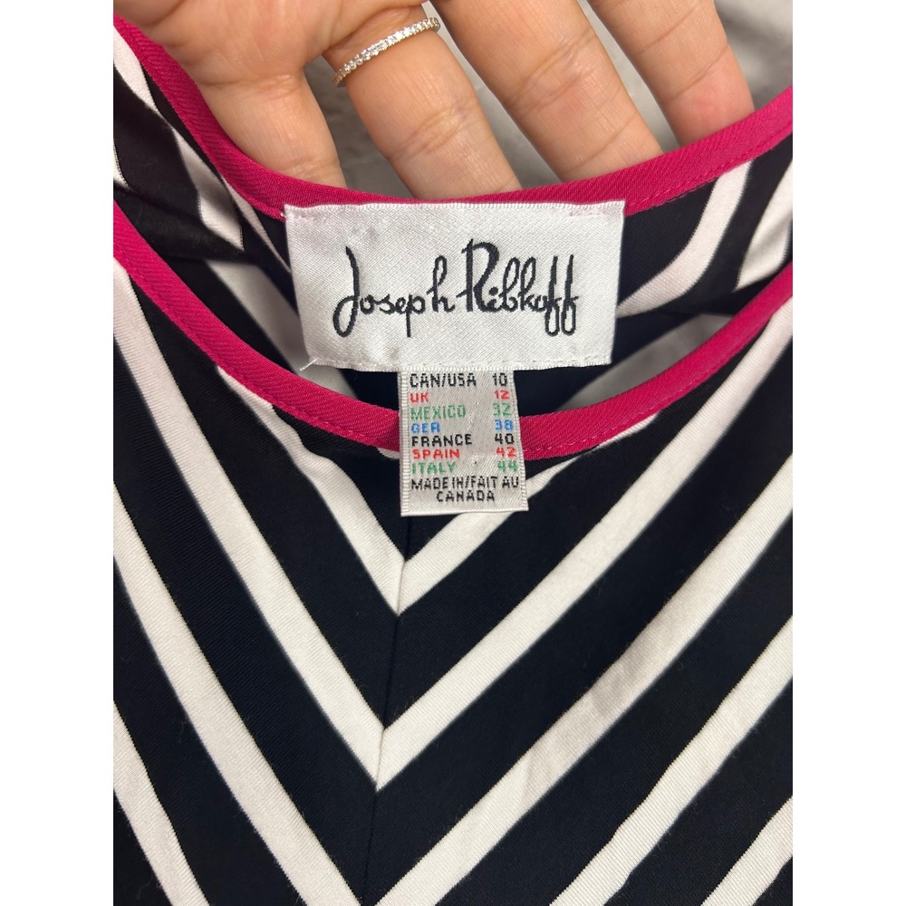 Joseph Ribkoff Black White Striped Sleeveless Dress Pink Trim Size 10 Chevron - Picture 4 of 4